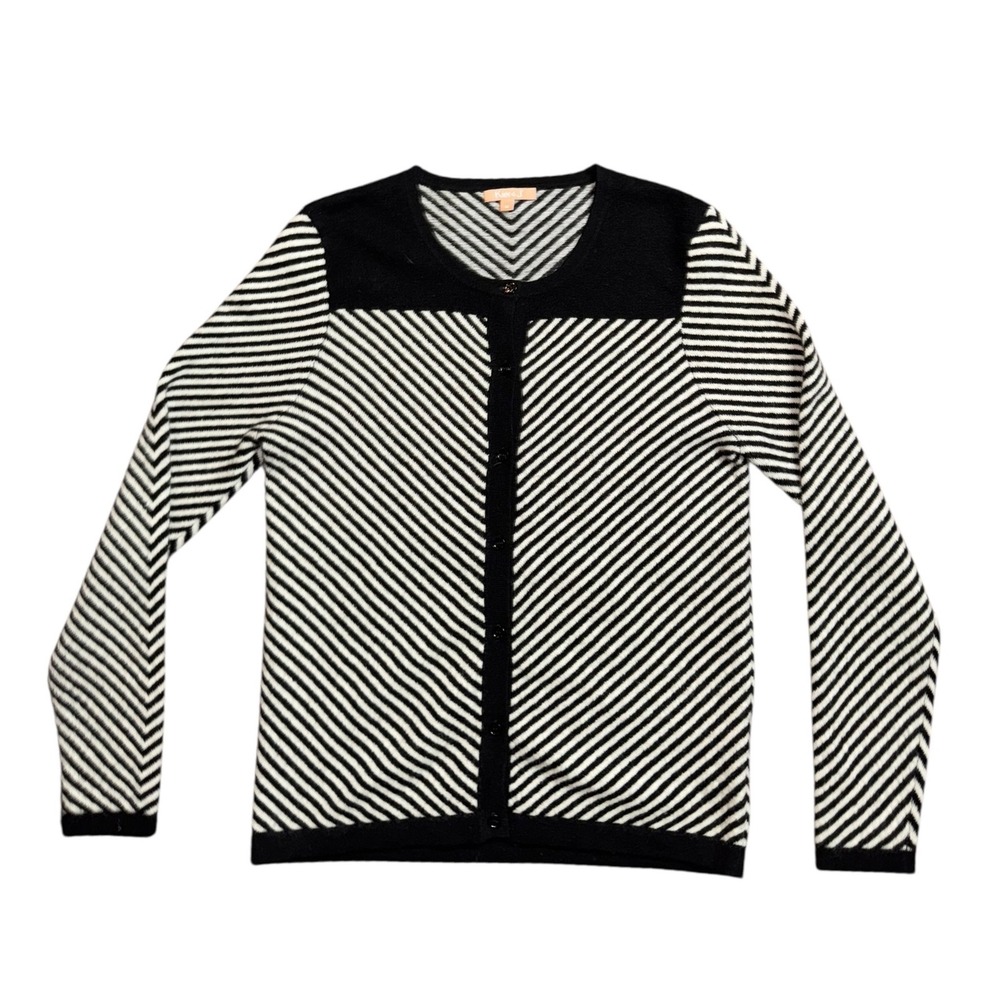 Kier + J Chevron 100% Cashmere Cardigan Black White Stripe Patter Woman's Sz Med